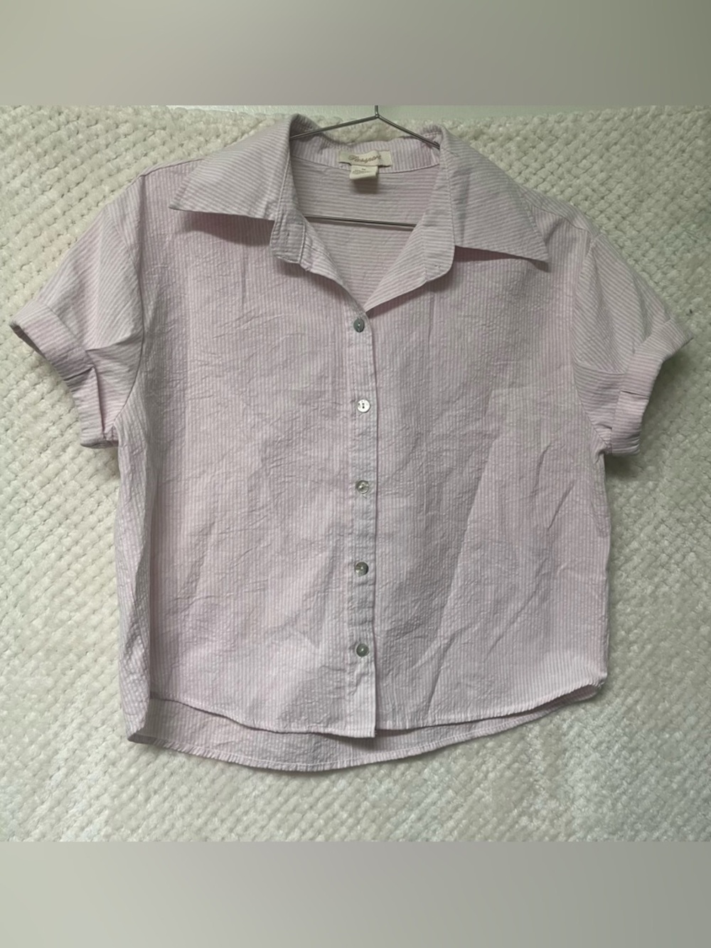 Passport Pink and White Striped Button-Up Shirt Cotton Blend Lightweight Medium